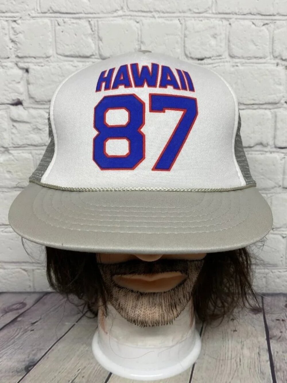 Vintage 80s Trucker Hat Mesh Rope Cap Snapback White Gray Hawaii 87